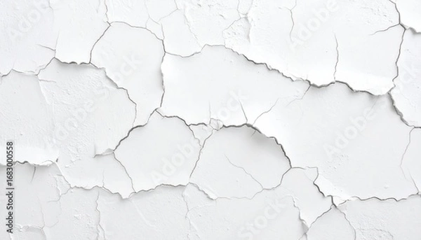 Fototapeta Close-up of peeling white paint revealing intricate cracks and textures. Abstract, minimalist and rough. Monochrome