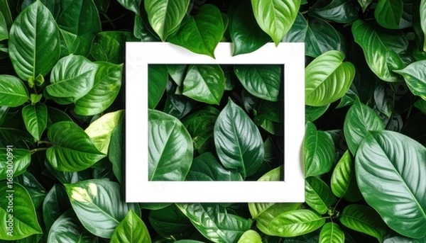 Fototapeta Lush, bright-green leaves form a textured background, showcasing a white square frame in the center. A vibrant, organic composition