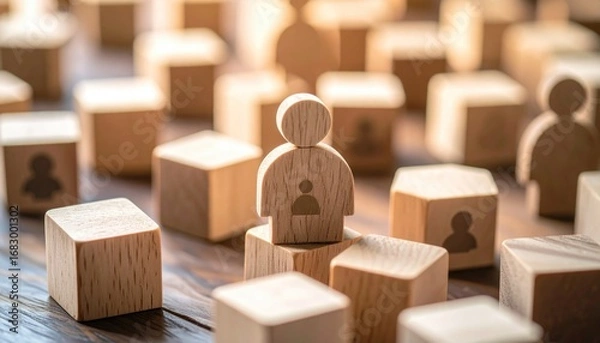 Fototapeta Wooden figures and cubes on a table, with the central figure standing on a pedestal of cubes. Focus on leadership or community theme