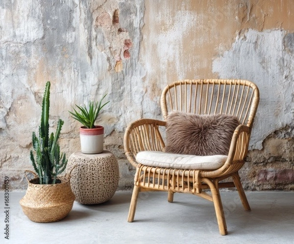 Fototapeta A charming wicker armchair, accented by natural textures and earthy tones, sits beside decorative planters against a textured stone wall.