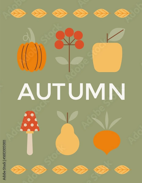 Fototapeta Autumn poster with simple flat icons of vegetables, fruits and berries. Poster for harvest festival. Vertical banner for autumn holiday