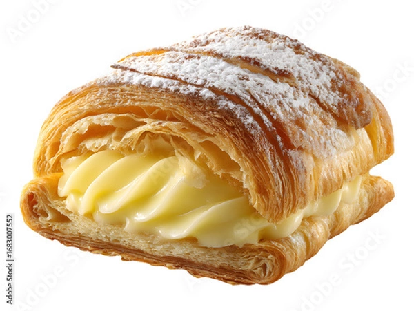 Fototapeta Golden Croissant Bliss: A delectable croissant, boasting a flaky, golden crust, is exquisitely sliced and generously filled with a luscious, creamy custard, a true embodiment of culinary delight.
