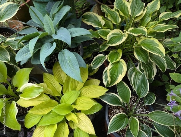 Fototapeta Assortment of colorful Hosta leaves in the garden