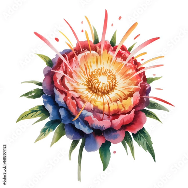 Fototapeta Vibrant watercolor flower explosion with dynamic petals and leaves design