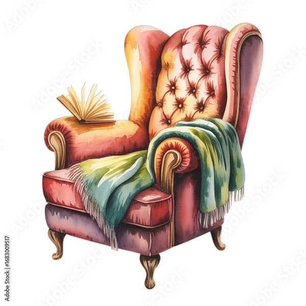 Fototapeta Cozy armchair with book and blanket, perfect for relaxation and reading time