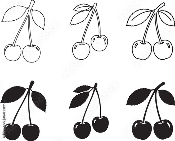 Fototapeta Stylized cherry illustrations showcasing outline and silhouette variations