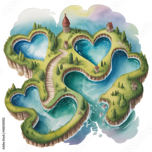 Fototapeta Whimsical heart-shaped island with serene water and charming cottages