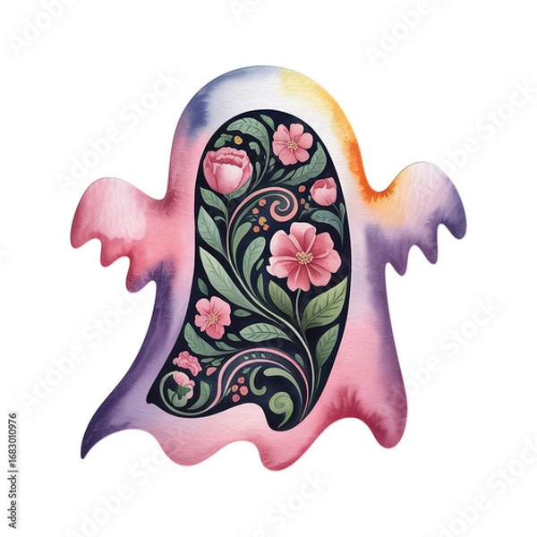 Fototapeta Whimsical watercolor ghost with floral design for spooky, elegant projects