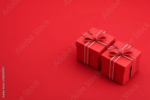 Fototapeta Two red gift boxes with white ribbon bows sit against a solid red background