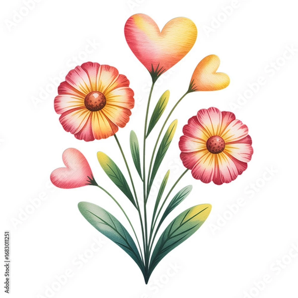 Fototapeta Watercolor floral design with heart-shaped blossoms for love and romance