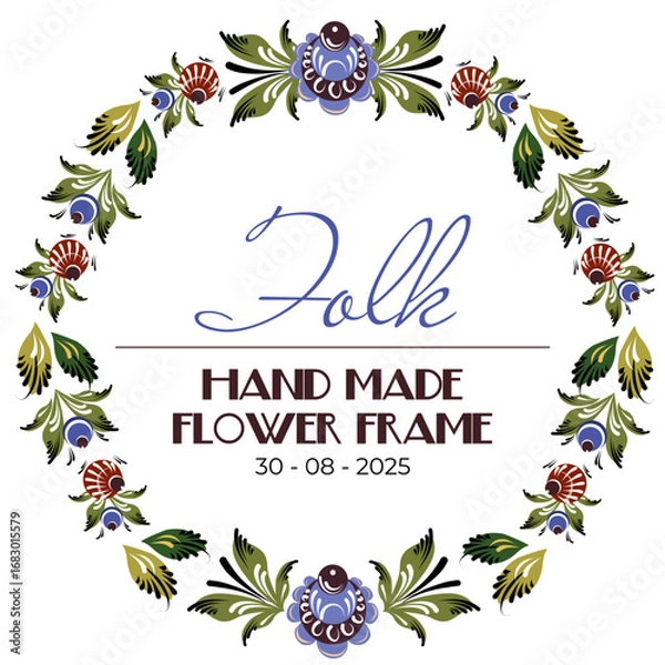 Fototapeta Vector round frame for text and notes. Compositions from elements of Gorodets painting, flowers and berries. Folk art illustration for decoration