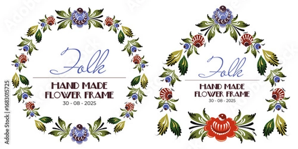 Fototapeta Vector set of flower frames for text and notes. Compositions from elements of Gorodets painting, flowers and berries. Folk art illustration for decoration