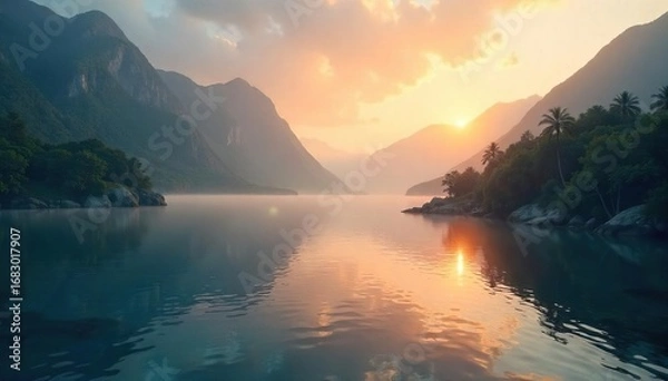 Fototapeta Serene bay at dawn, mist clinging to the water, sunlight illuminating the tranquil scene Perfect for travel, nature, and calming imagery , bay, mist