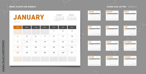 Fototapeta Set of 12 Pages Monthly Calendar Planner Templates with Logo Company on 2026 year. Vector mockup of wall or desktop organizer grid with the week start on Sunday ready print. Pages Letter -8.5x11 in