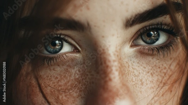 Obraz Closeup of freckled face focused on a pair of bright reflective blue eyes