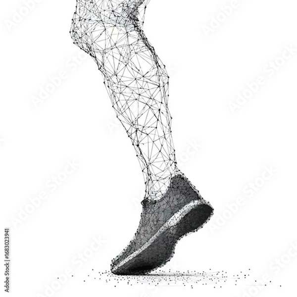 Fototapeta Low poly wireframe leg and foot wearing running shoe in motion with connected dots and lines digital mesh vector illustration for sport and fitness concept design