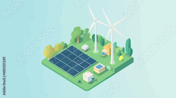 Fototapeta Isometric sustainable energy system with solar panels wind turbines green environment concept flat vector illustration renewable power technology landscape