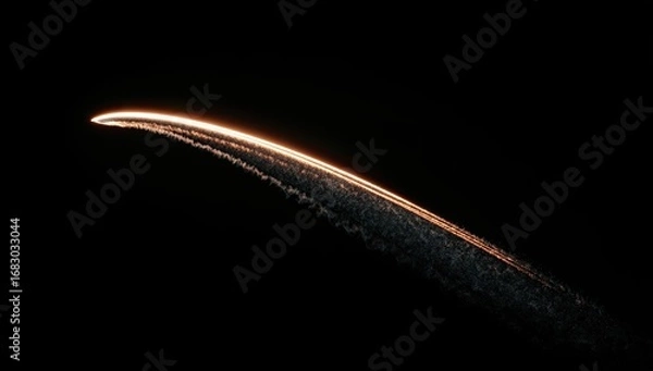 Fototapeta A luminous, curved trail streaks across a dark void.  Distant, faint, wispy particles trail behind