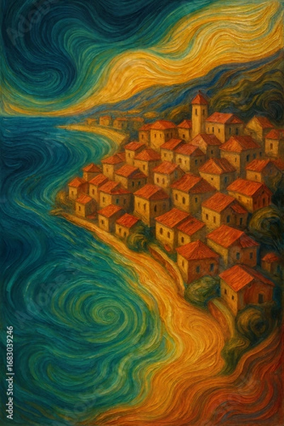 Fototapeta Seaside village on the coast with swirling ocean and hills. Painting style.