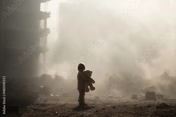 Obraz Lonely Child with Toy in War Zone
