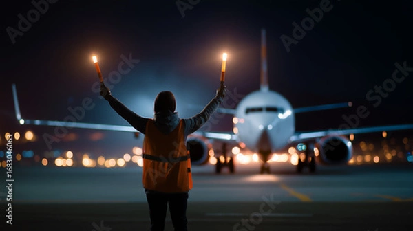 Obraz Ground Crew Guiding Airplane at Night
