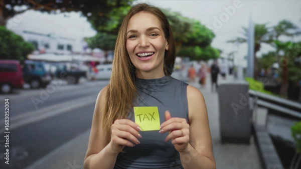 Obraz Young woman holding a tax note and offering a thumbs-up gesture on a city street lined with buildings; approval optimism.