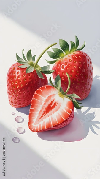 Obraz Fresh, juicy strawberries with water droplets on a bright, clean surface