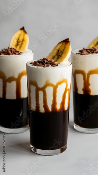 Obraz Decadent coffee dessert layered with cream, caramel drizzle, and fresh banana slice
