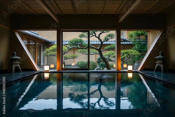 Obraz Serene indoor pool with tranquil Japanese garden view and reflections