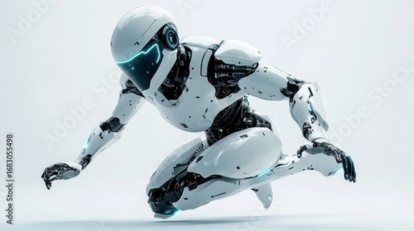 Fototapeta Futuristic robot crouching, studio shot, technology concept, use for sci-fi illustration, or digital art
