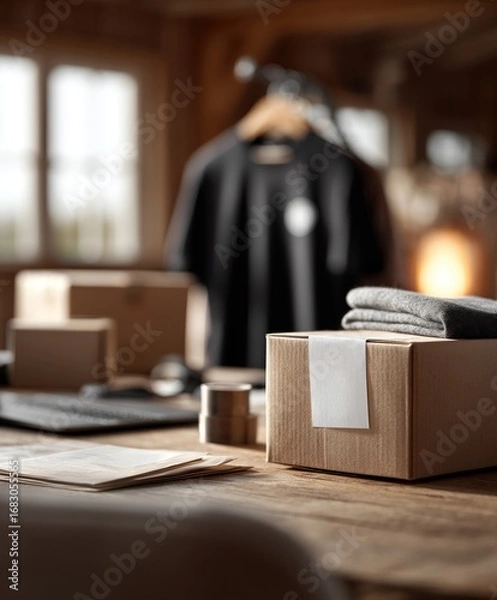 Fototapeta Workspace with neatly organized packages and clothing items on wooden desk in cozy setting