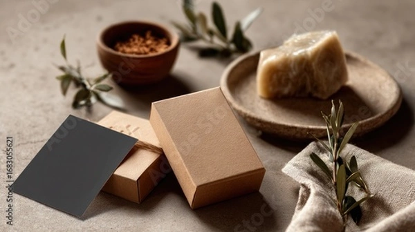 Fototapeta Natural handmade soap and packaging arranged with olive branches on a rustic table