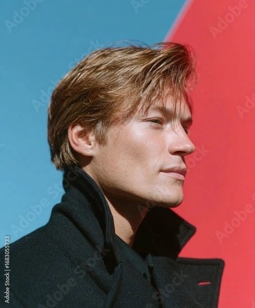 Fototapeta Model poses in front of a vibrant red background on a sunny day outdoors