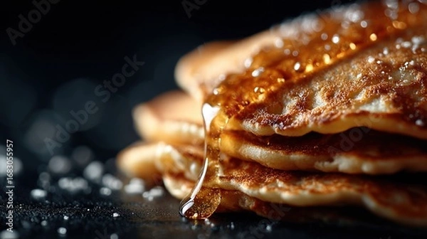Fototapeta Delicious stack of warm pancakes drizzled with golden syrup on a dark countertop