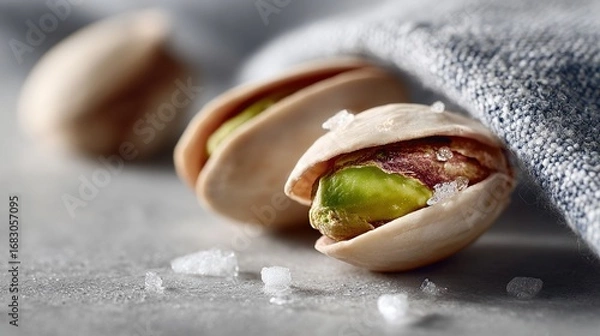 Fototapeta Nuts arranged on a kitchen surface with salt and a fabric towel nearby