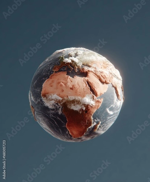 Fototapeta Earth presented as a floating globe with detailed continents and swirling clouds at sunset