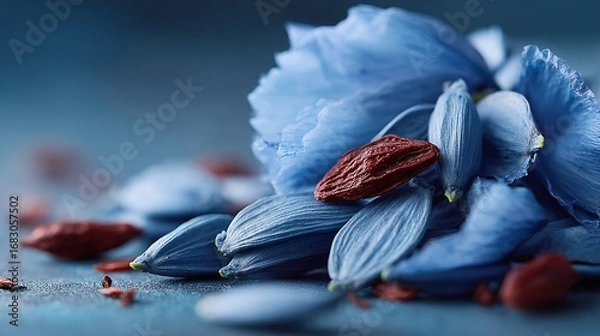 Fototapeta Beautiful arrangement of blue petals and red seeds on a textured surface