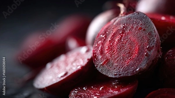Fototapeta Freshly sliced beets glistening in natural light on a dark background showcasing vibrant colors