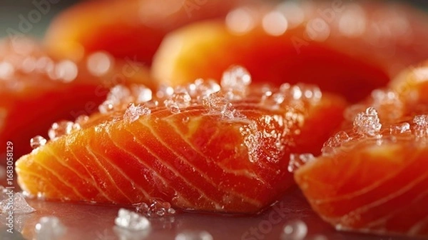 Fototapeta Fresh salmon fillets with coarse salt resting on a surface ready for cooking or preparation
