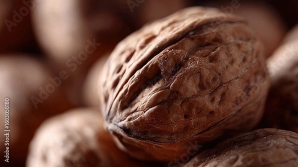 Fototapeta Close-up view of a walnut surrounded by others in a rustic setting