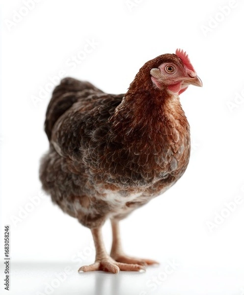 Fototapeta Brown hen standing against a plain white background showcasing its feathers and features