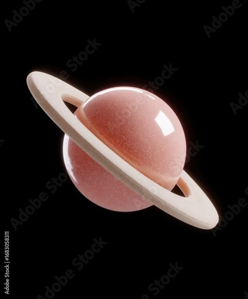 Fototapeta Realistic 3D model of a pink planet with rings floating against a dark background
