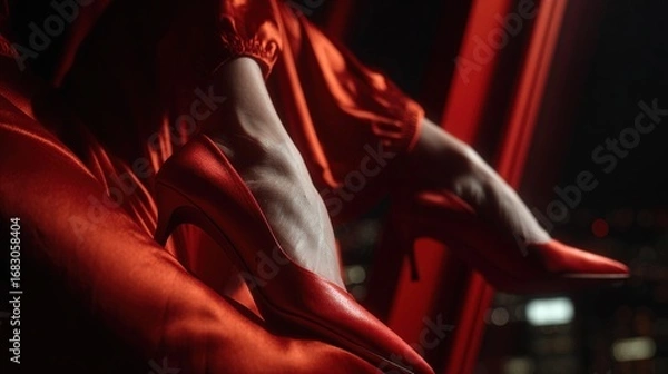 Fototapeta Elegant red high heels on a stylish silhouette against a city skyline backdrop at night