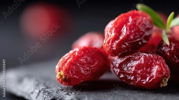 Fototapeta Dried red berries on a black stone surface with a fresh green leaf