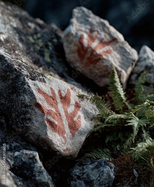 Fototapeta Ancient rock carvings displaying leaf patterns on a mossy stone surface