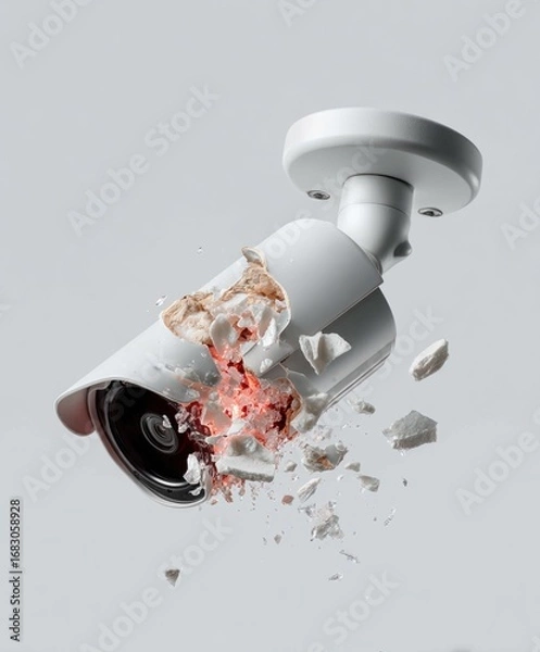 Fototapeta Security camera exploding in a burst of debris and sparks in a dramatic visual display