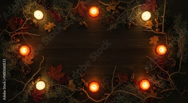 Fototapeta Haunted forest floor flat lay with carved jack o lantern minis warm candle glow