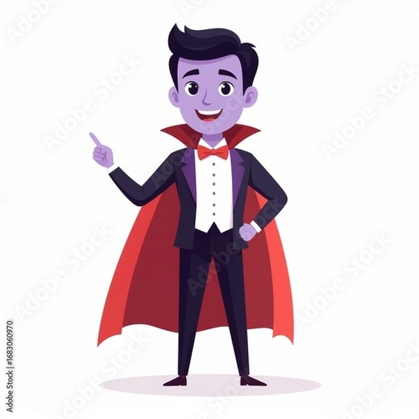 Fototapeta A young man dressed in a vampire costume pointing, his charming smile adds to the playful mood of the scene