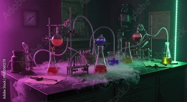 Fototapeta Spooky laboratory experiment bench with bubbling beakers colorful liquids glass tubing