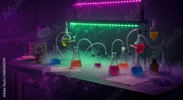 Fototapeta Spooky laboratory experiment bench with bubbling beakers colorful liquids glass tubing